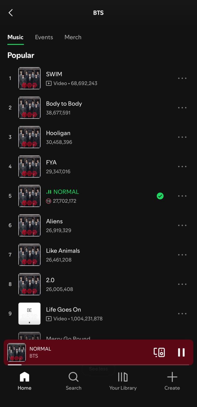 This photo captured from Spotify application show amount of plays for individual tracks included within BTS studio album ARIRANG
