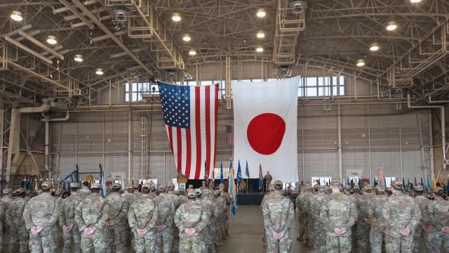 New US Fifth Air Forces Commander LtGen Joel L Carey delivers speech during a change of command ceremony at Yokota air base in Tokyo Japan on March 24 2026 UPI-Yonhap