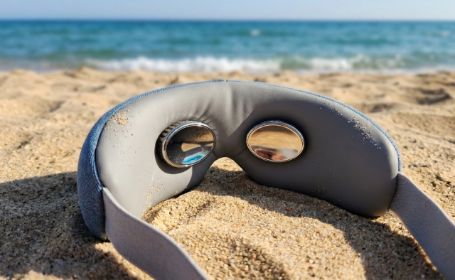 코지마 냉·온열 눈마사지기 아이오맥스는 중앙의 금속 패드가 감은 눈에 부드럽게 밀착해 편안한 냉·온감을 전달한다 사진조현미 기자