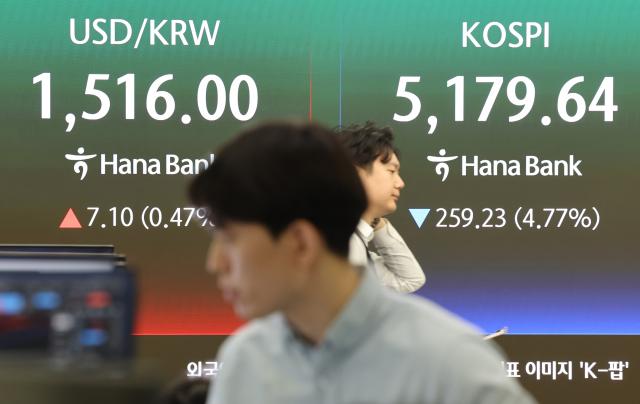 30일 오전 서울 중구 하나은행 본점 딜링룸 전광판에 코스피와 환율이 표시돼 있다 이날 코스피는 장초반 5대 급락해 출발 원달러 환율은 45원 오른 15134원에 개장했다 사진연합뉴스