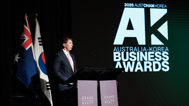 Ross Gregory Chairman of the Australian Chamber of Commerce in Korea speaks at the 2026 Australia–Korea Business Awards at the Grand Hyatt Seoul on March 27 2026