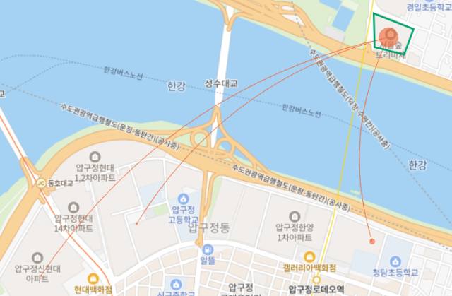 빅밸류를 통해 서울숲 트리마제 아파트 거주자가 매도 후 이동한 경로를 파악했다 압구정동 현대아파트 한양아파트로의 이동이 눈에 띈다 성동구 아파트 주민들의 시세 이동은 상향이 주를 이룬다 사진빅밸류