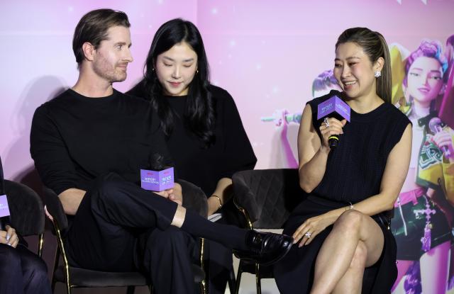 Two directors speak during a press conference celebrating the Academy Award win of the Netflix film K-Pop Demon Hunters at CGV Yongsan I’Park Mall in Seoul on April 1 2026 AJP Yoo Na-hyun 20260401