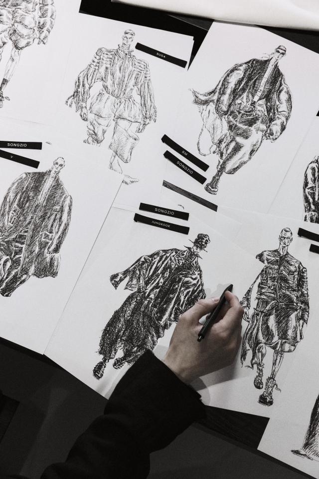 A hand sketch by Songzio for BTS’ ‘ARIRANG’ comeback stage costumes. (Songzio provided)