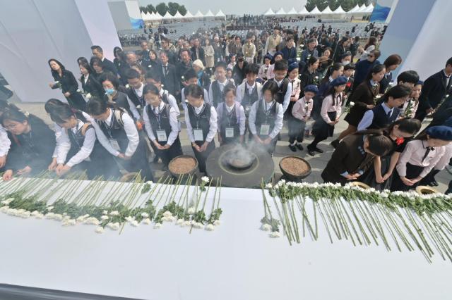 Attendees lay flowers and incense at the 78th Anniversary Jeju April 3 Victims Memorial Ceremony held at Jeju 4·3 Peace Park in Bonggae-dong Jeju City on the morning of April 3 2026 Yonhap
