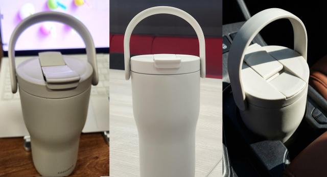 글라스락의 캐리 플로우 텀블러 한 손에 들어오는 디자인에 뚜껑에 핸들이 달려 있어서 가지고 다니기 편하다 차량 컵홀더에도 쏙 들어간다 사진조현미 기자·미리캔버스
