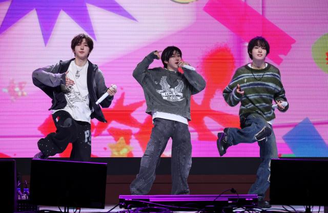 Members of K-pop group KickFlip perform their new track “I Want to Be an Eyesore” during a showcase for their fourth mini album “My First Kick” at Yes24 Live Hall in Gwangjin-gu Seoul on April 06 2026 AJP Yoo Na-hyun 20260406 