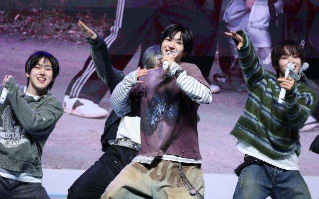 Members of K-pop group KickFlip perform their new track “Twenty” during a showcase for their fourth mini album “My First Kick” at Yes24 Live Hall in Gwangjin-gu Seoul on April 06 2026 AJP Yoo Na-hyun 20260406