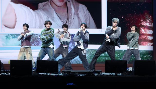 Members of K-pop group KickFlip perform their new track “Twenty” during a showcase for their fourth mini album “My First Kick” at Yes24 Live Hall in Gwangjin-gu Seoul on April 06 2026 AJP Yoo Na-hyun 20260406