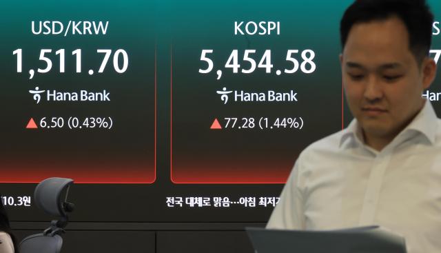 Stock market indices and the exchange rate are displayed on monitors at Hana Banks dealing room in downtown Seoul on Monday April 6 2026 Yonhap