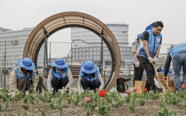 대우건설 임직원들이 ‘대우건설 Nature’의 정원 정돈을 하고 있다 사진대우건설