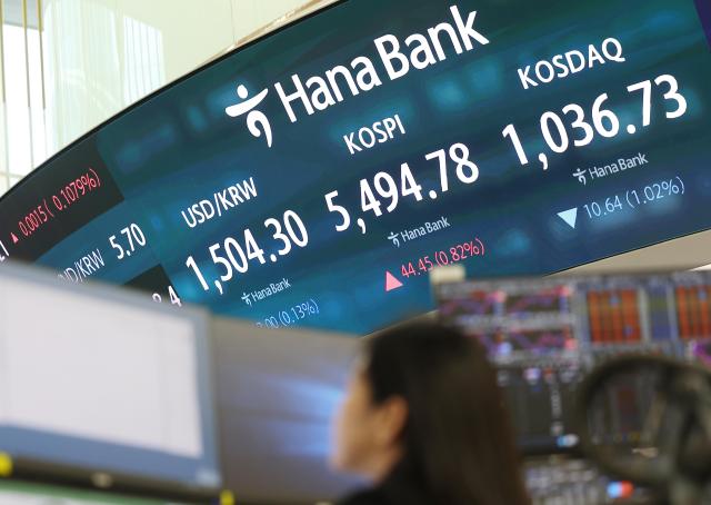 Stock market indices and the exchange rate are displayed on monitors at Hana Banks dealing room in Seoul on Tuesday April 7 2026 While the KOSPI climbed for the second straight day the KOSDAQ continued its decline as the fallout surrounding Sam Chun Dang Pharm persisted Yonhap