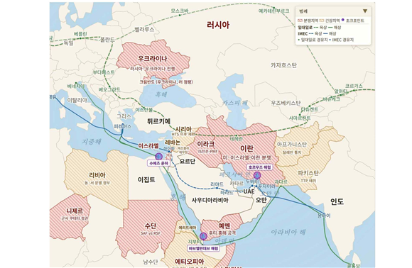 기존 해상물류경로와 중국 일대일로의 대안인 인도·중동·유럽 경제회랑IMEC 사진산업연구원