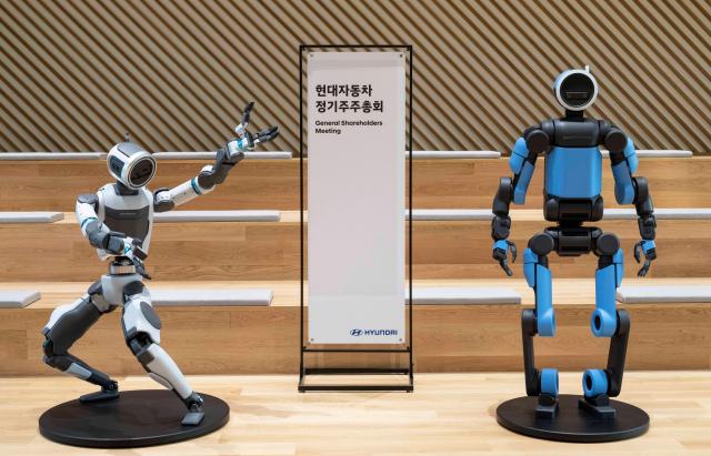 Boston Dynamics Atlas humanoid models on display at Hyundai Motor Companys 26th shareholder meeting March 26 2026 Courtesy of Hyundai Motor Group