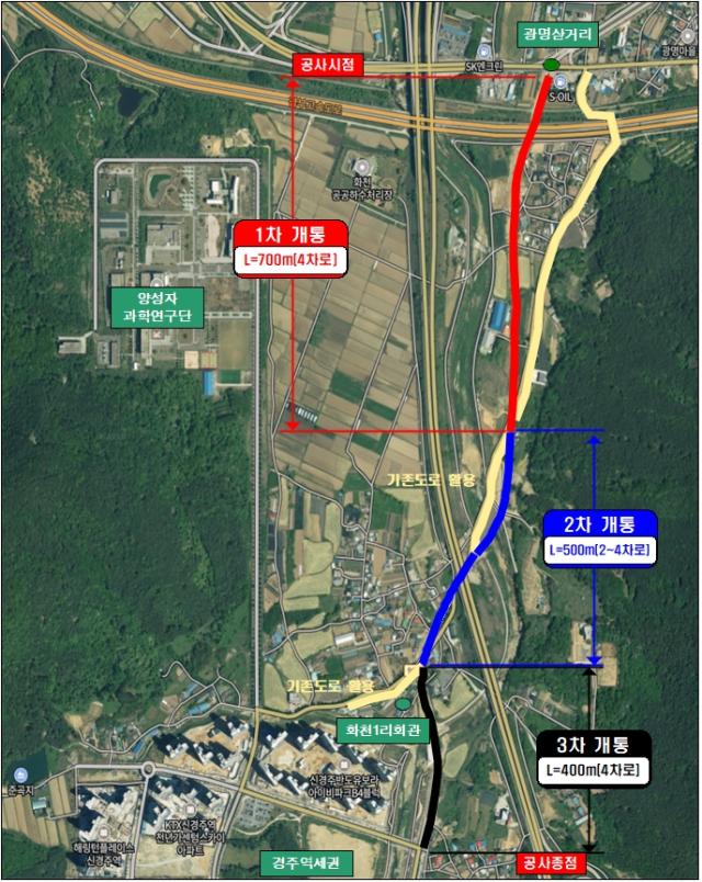 지방도 904호선 광명화천 연결도로 1·2·3차 단계별 개통 구간을 표시한 노선도 사진경주시