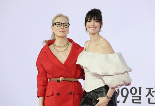 Actresses Meryl Streep left and Anne Hathaway pose at a press conference for the film The Devil Wears Prada 2 directed by David Frankel held at Four Seasons Hotel Seoul in Jongno-gu Seoul April 8 2026 AJP Han Jun-gu