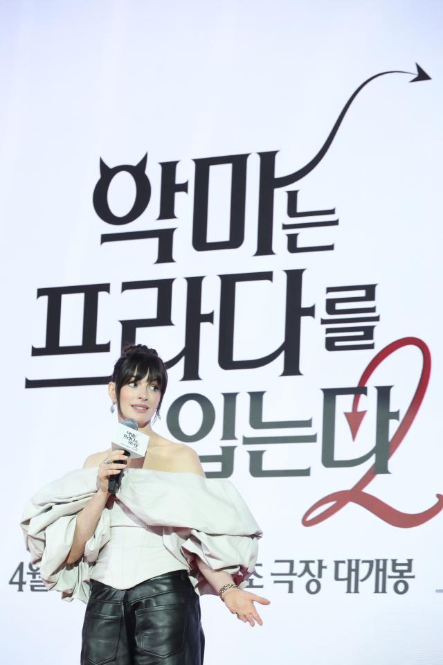 Actress Anne Hathaway answers questions from reporters at a press conference for the film The Devil Wears Prada 2 directed by David Frankel held at Four Seasons Hotel Seoul in Jongno-gu Seoul April 8 2026 AJP Han Jun-gu