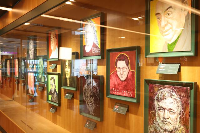 Portraits of Nobel Prize laureates are displayed in the Sejong-ro entrance corridor at Kyobo Book Centre in Gwanghwamun Seoul April 14 2026 AJP Han Jun-gu