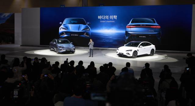 Cho In-chul managing director of BYD Korea’s passenger vehicle division introduces the BYD SEAL during the 2025 Seoul Mobility Show Media Day held at KINTEX in Goyang Gyeonggi Province on April 3 2025 Aju Business Daily Yoo Dae-gil