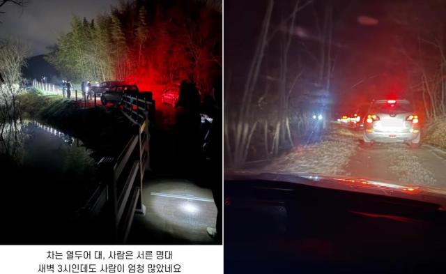 예산군 살목지에 한밤중 차량들이 줄지어 있는 모습 사진온라인 커뮤니티 캡처