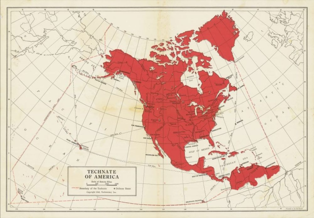 This screenshot image shows the Technate of America map produced around 1940 by Technocracy Inc outlining a proposed technocratic superstate encompassing North and Central America from Greenland down to northern South America 