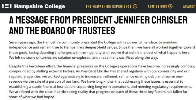 햄프셔칼리지 측이 발표한 폐교 계획 사진햄프셔칼리지 홈페이지