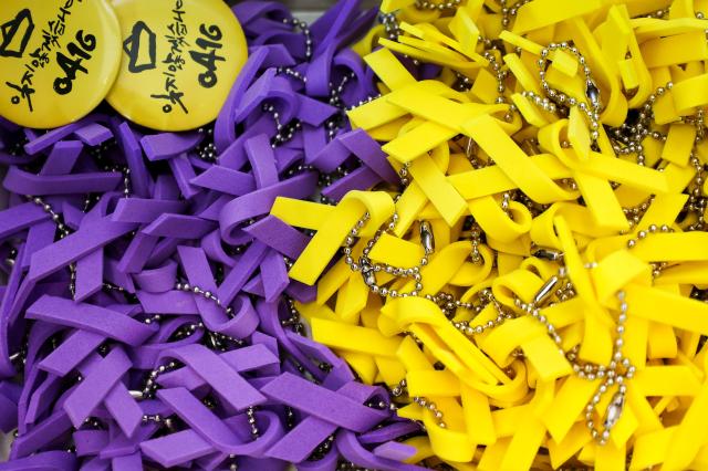 In Korea the yellow ribbon has become a symbol of remembrance for the Sewol ferry disaster victims The brooch in the photo reads “We will not forget 0416” AJP Yoo Na-hyun
