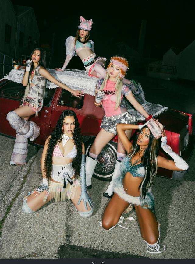 This photo provided by Hybe Entertainment show members of global girl group KATSEYE Daniela Lara Megan Sophia and Yoonchae 