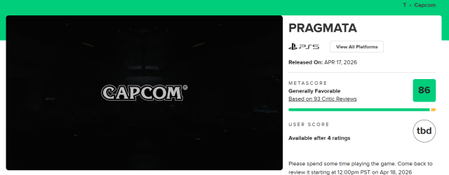 캡콤의 신작 프래그마타의 메타크리틱 점수 캡처 사진프래그마타 메타크리틱