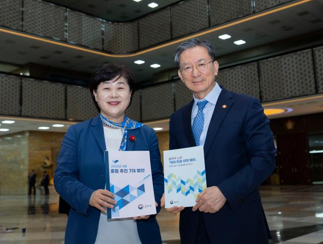 Justice Minister Jung Sung-ho and National Assembly Legislation and Judiciary Committee Chair Seo Young-kyo pose for a commemorative photo Courtesy of the Ministry of Justice