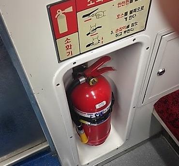 Người phụ nữ phun bình chữa cháy trên tàu Gyeongui-Jungang