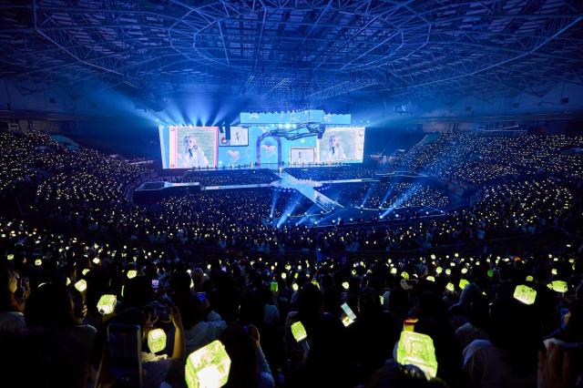 This photo provided by SM Entertainment show the KSPO Dome filled with fans chanting for NCT Wish during  ‘NCT WISH 1st CONCERT TOUR ‘INTO THE WISH  Our WISH’ ENCORE IN SEOUL’