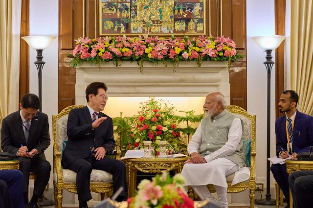 South Korean President Lee Jae Myung holds a bilateral summit with Indian Prime Minister Narendra Modi at the state guest house in New Delhi on April 20 2026 Pool photo