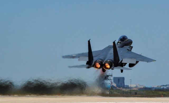 A Republic of Korea Air Force F-15K Slam Eagles fighter plane takes off during Exercise Max Thunder 17 at Gunsan Air Base South Korea April 27 2017 Courtesy of US Air Force via Reuters