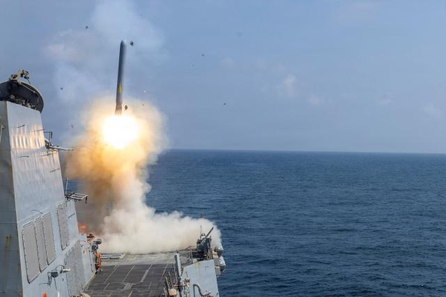 The US Navy Arleigh Burke-class guided-missile destroyer USS Delbert D Black fires a Tomahawk Land Attack Missile TLAM in support of the Operation Epic Fury attack on Iran from an undisclosed location Feb 28 2026 Reuters-Yonhap 