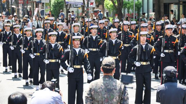 Members of the naval honor guard parade during the 2026 Yi Sun-sin Festival in front of Myeongbo Art Hall in Seoul on April 25 2026 AJP Yoo Na-hyun