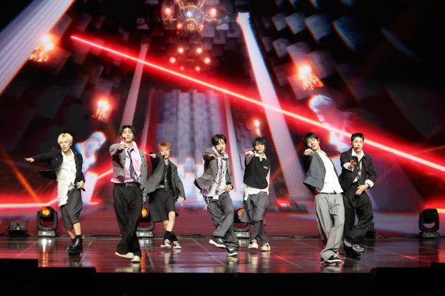 Members of boy band NEXZ perform at a showcase for their new album in Yongsan Seoul on April 27 2026 AJP Han Jun-gu