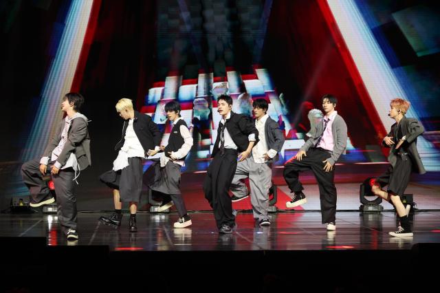 Members of boy band NEXZ perform at a showcase for their new album in Yongsan Seoul on April 27 2026 AJP Han Jun-gu