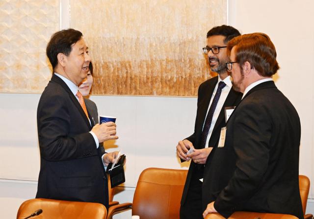 Deputy Prime Minister and Minister of Economy and Finance Koo Yun-cheol speaks with major Wall Street investors ahead of a Korea economic investment briefing IR at the Permanent Mission of the Republic of Korea to the United Nations in New York on April 14 2026 local time Yonhap 