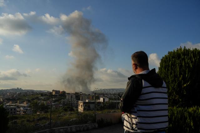 Smoke rises in Habboush following Israeli strikes as seen from Nabatieh Lebanon May 1 2026 Reuters-Yonhap 