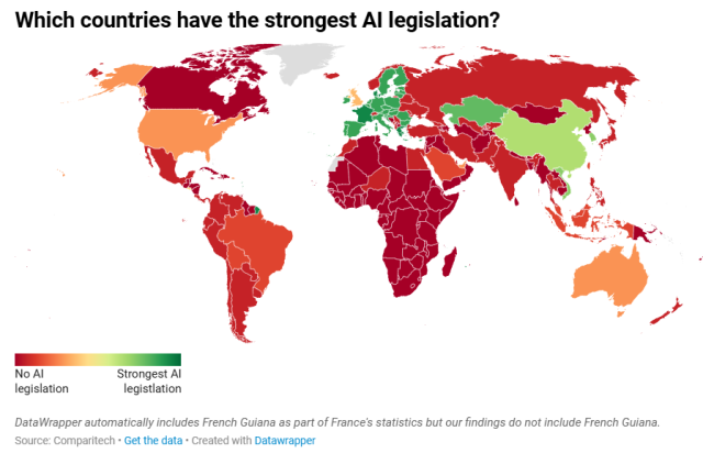 Countries vary widely in the strength of AI legislation with European nations leading in regulatory frameworks while many regions remain at early stages of governance development Source Comparitech visualization created with Datawrapper