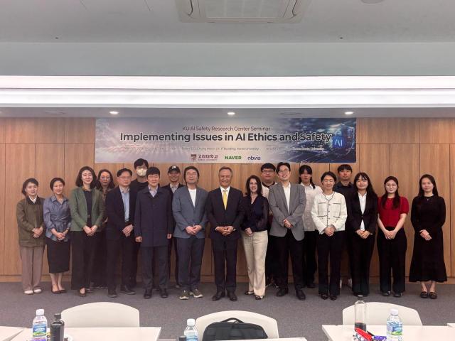Speakers and participants pose for a group photo during the seminar on “Implementing Issues in AI Ethics and Safety” at Korea University in Seoul on April 30 2026 AJP Ryu Yuna