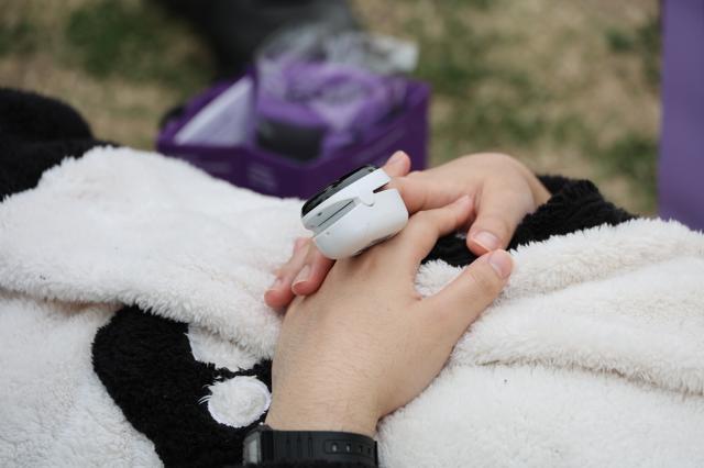A participants heart rate is measured at the 2026 Han River Napping Championship held at Mulbit Plaza in Yeouido Hangang Park Yeongdeungpo-gu Seoul May 2 2026 AJP Han Jun-gu