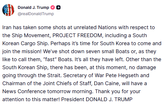 Trump pressures South Korea to join Project Freedom after ship explosion in Hormuz Strait