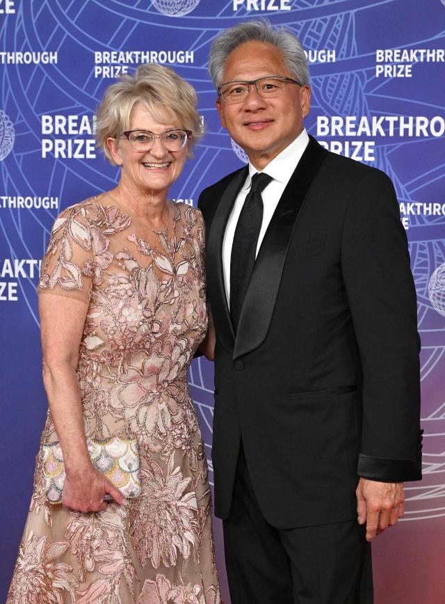 Nvidia CEO Jensen Huang and his wife, Lori Huang, attend the 12th Breakthrough Prize ceremony on April 18 at Barker Hangar in Santa Monica, California. (AFP/Yonhap)