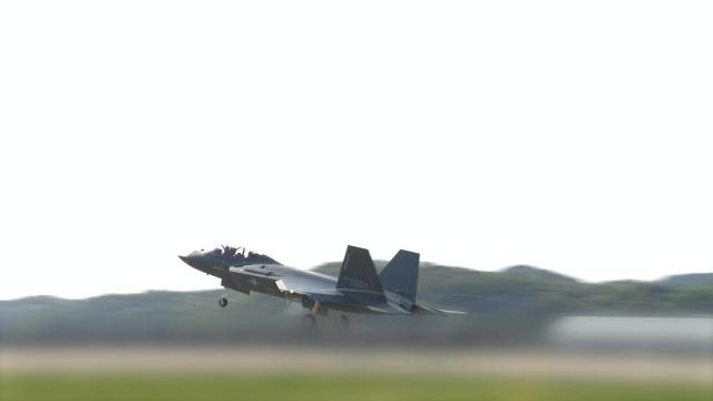 The first mass-produced KF-21 Boramae fighter jet conducts a test flight in Sacheon South Gyeongsang Province on April 15 2026 Courtesy of the Defense Acquisition Program Administration