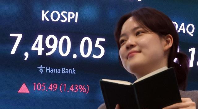 7일 오후 서울 중구 하나은행 본점 딜링룸 현황판에 코스피 지수가 사상 최고치로 마감한 코스피 지수 749005가 표시되고 있다 사진연합뉴스