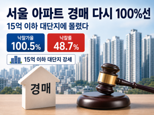 서울 아파트 경매 다시 100%선…15억 이하 대단지에 몰렸다