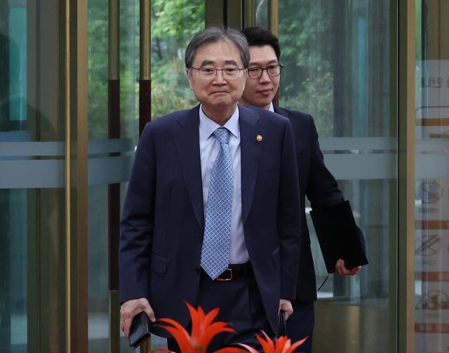 Foreign Minister Cho Hyun arrives for work at the Ministry of Foreign Affairs annex of the Government Complex Seoul in Jongno-gu Seoul on the morning of May 11 2026 Yonhap