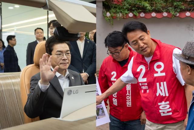 11일 서울 마곡동 LG사이언스파크를 방문해 LG 인공지능AI 첨단운전자 모니터링 시스템을 체험하고 있는 정원오 더불어민주당 서울시장 후보왼쪽와 같은 날 서울 고척동에서 고지대 이동약자 편의시설 공약을 발표하고 있는 오세훈 국민의힘 서울시장 후보 사진각 후보 선거사무소